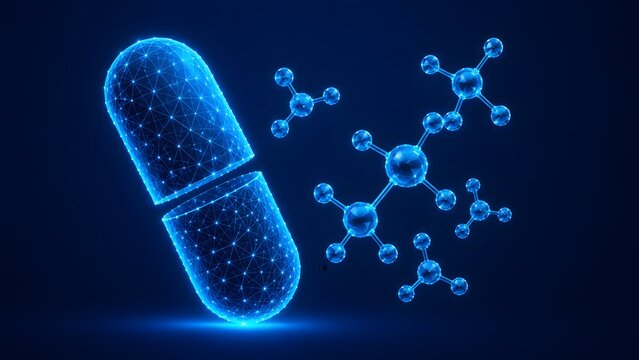 Abstract glowing blue wireframe medical capsule with molecular structures representing digital healthcare biotechnology innovation and futuristic medical science.