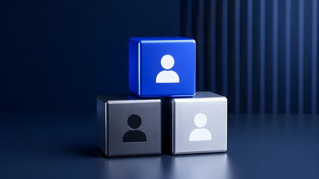 Stacked metallic cubes with human profile icons featuring a blue block on top of silver blocks representing business leadership teamwork and corporate hierarchy.