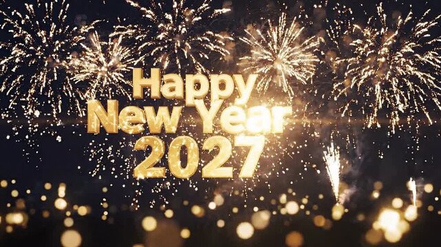 Happy New Year 2027 gold text with fireworks. Festive holiday celebration background. Golden pyrotechnics and bokeh lights for 2027 countdown.