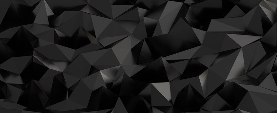 Abstract dark polygonal background with geometric facets and subtle light reflections. Modern 3D ren