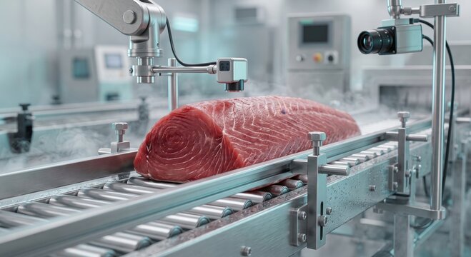 Automated vision inspection camera scanning raw tuna fillet on conveyor belt in modern seafood processing plant