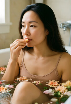Self care and wellness, woman relaxing in a floral bath with flowers for stress relief and mental health in a home spa environment for beauty routine