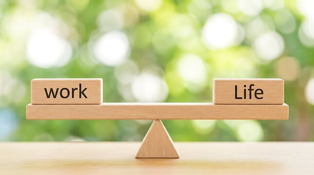 Wooden blocks with 'work' and 'life' words perfectly balanced on wooden seesaw, symbolizing balance on blurred green background.