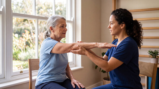 Female Occupational Therapist Supporting Arm and Elbow Exercises of Senior Woman in Clinic Room