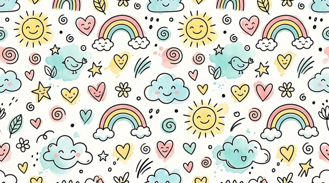 Cute hand drawn seamless pattern with happy rainbows suns clouds and hearts for children textile and baby design