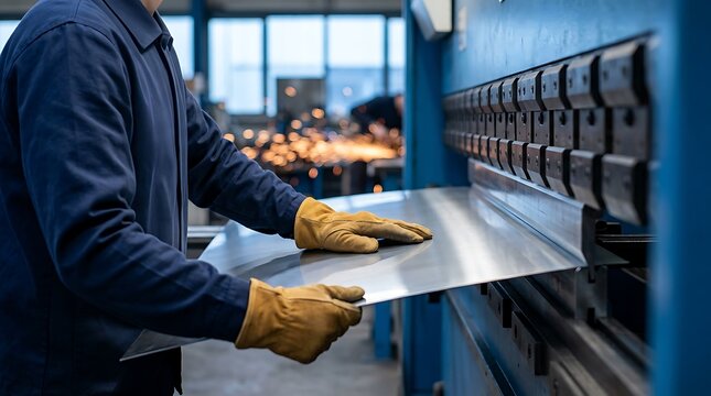 Operator shaping metal plate with hydraulic press brake inside modern production facility to manufacture industrial construction components and heavy hardware parts.