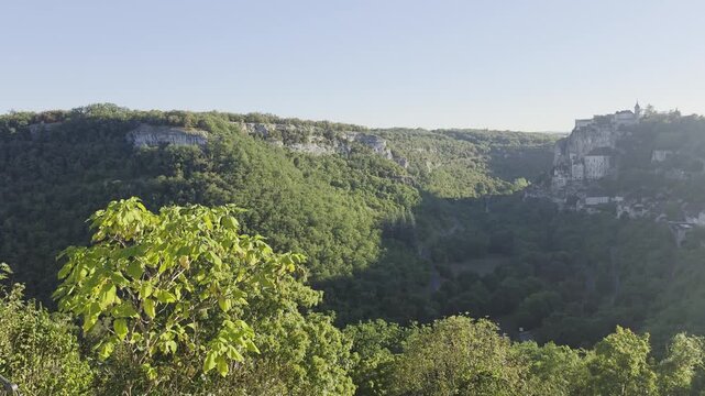 Rocamadur France. Beautiful landscape footage of a lush green valley. Stunning cliffs and natural beauty invite exploration. Nature lovers will enjoy this breathtaking scenery.