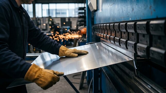 Precision metal fabrication operator bending large steel plate on hydraulic press brake inside industrial plant for machinery manufacturing and workshop assembly.
