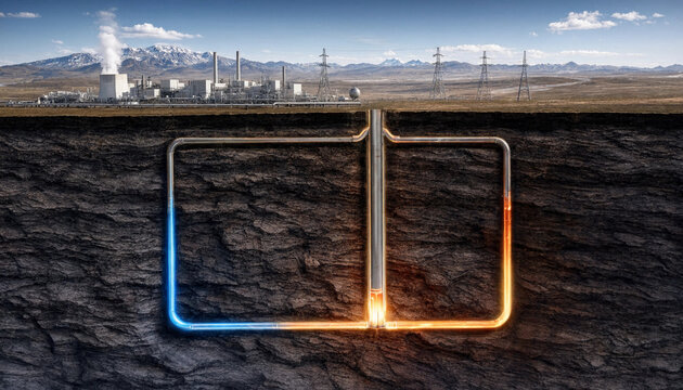 Geothermal power plant system diagram showing fluid circulation underground with geothermal energy closed loop underground pipes renewable energy heat pump earth cross section subsurface