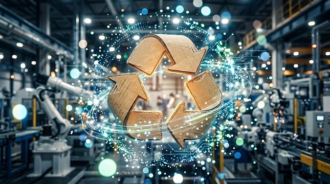 Cardboard recycle symbol floating above modern robotic factory floor with glowing digital lights and industrial tech