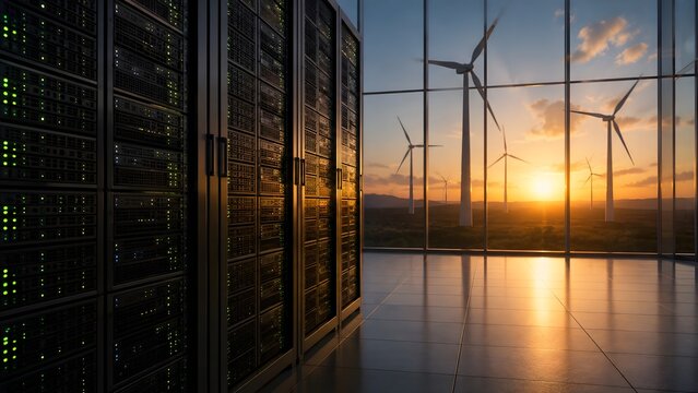 Modern data center server room powered by renewable wind energy farm during beautiful sunset
