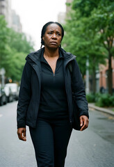 Fototapeta premium Mental health and burnout, tired middle aged woman walking alone on city street with serious expression and emotional exhaustion in urban environment