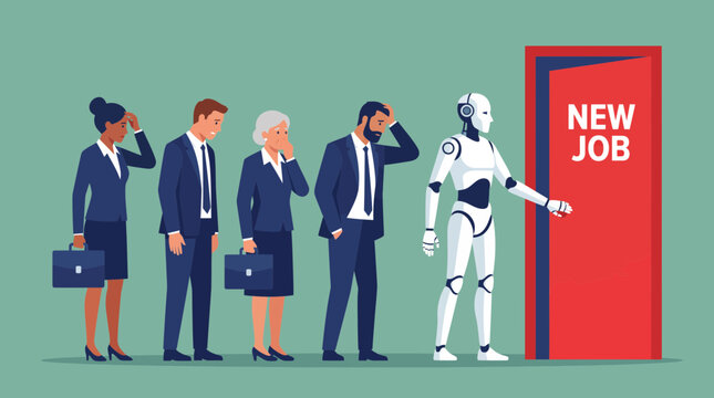 Robot replacing human workers in job market, AI automation concept illustration