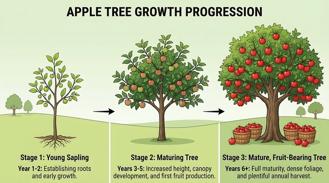 Apple tree growth stages showing the life cycle from a young sapling to a mature fruit bearing tree with red apples
