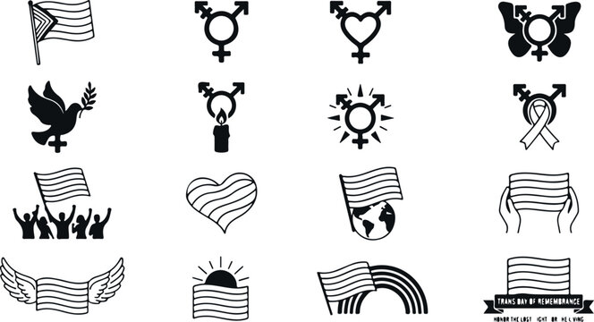 Transgender day of remembrance icons set with gender symbols flags and memorial dove silhouettes.