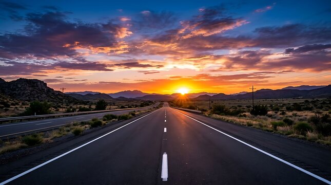 Empty asphalt road going through the desert landscape at beautiful sunset with vibrant orange and purple clouds