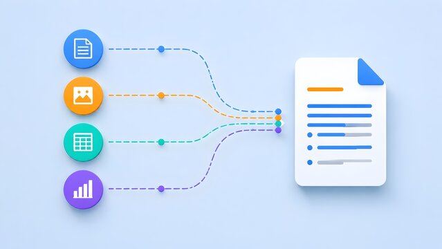 Diverse digital file icons merging into a single comprehensive document representing multimedia data integration and automated reporting