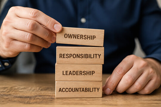 A person's hands are stacking wooden blocks labeled OWNERSHIP, RESPONSIBILITY, LEADERSHIP, and ACCOUNTABILITY on a wooden table.
