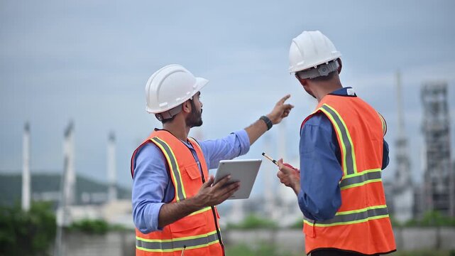 Engineers wearing safety gear, including hard hats examining survey tablet standing industrial facility gas or oil refinery engaged in a job requires high safety standards concept.	