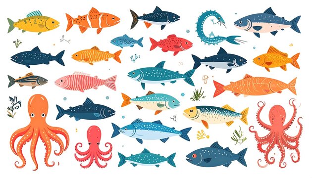 Colorful vector illustration of various sea creatures and ocean elements.