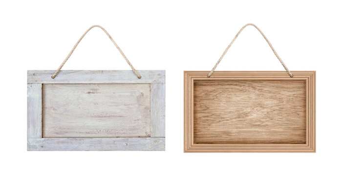 empty wooden sign frame with rope for hang on white background with clipping path