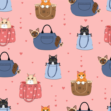 Cute cats in bags seamless pattern. Funny kittens sitting in purses, backpacks and baskets on pink background with hearts. Childish vector illustration for textile and wrapping paper.