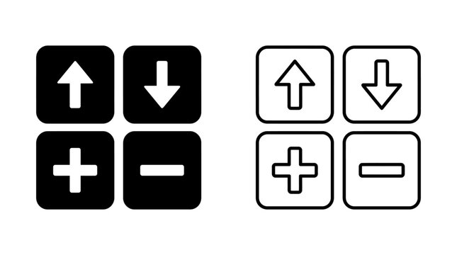 Arrow and plus minus icons displayed in contrasting black and white silhouette