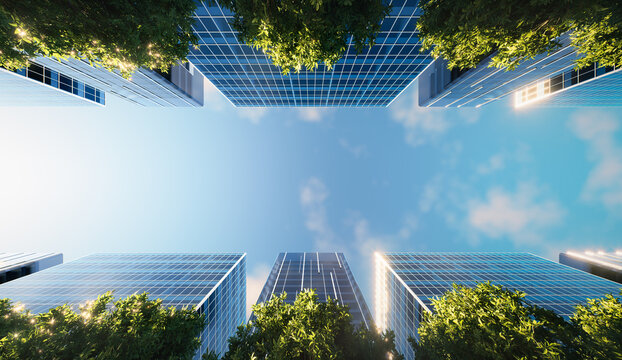 Super high resolution 3d render featuring modern glass skyscrapers, dramatic upward perspective, green architecture, blue sky, commercial real estate, property investment, corporate business.