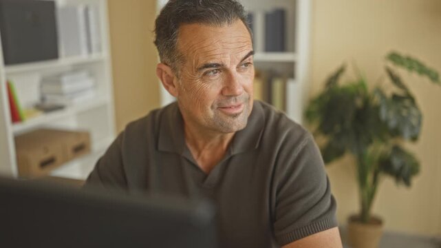 Man at computer smiling and looking to side in building office, desk and monitor in foreground, bookshelf and potted plant behind him; contentment.