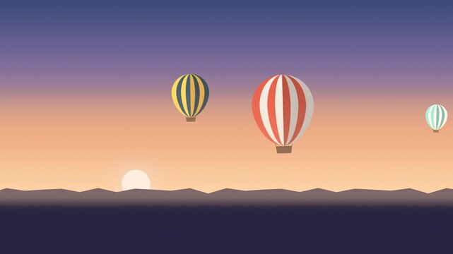 Hot air balloons against sunset sky. 2d animation