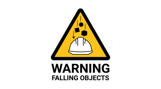 Yellow warning triangle vector illustration featuring a construction safety hard hat icon with falling debris symbols underneath to indicate severe industrial site hazards for workers