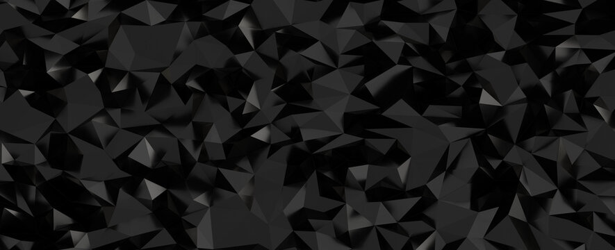 Abstract dark low poly geometric background with faceted polygons and subtle reflections.