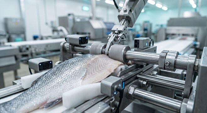Advanced robotic machine vision system scanning whole raw fish on conveyor belt in modern food processing facility