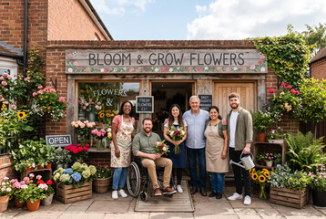Obraz premium Diverse Team of Florists Proudly Standing Outside Flower Shop Entrance