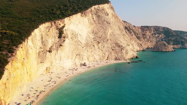 Aerial view of turquoise waters and rocky cliffs at Porto Katsiki beach in Lefkada Greece.