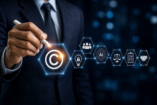 Businessman pointing at copyright symbol with glowing icons in background
