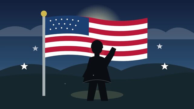 Silhouette person saluting waving American flag at night in this patriotic animated digital illustration showing motion video clip concept art