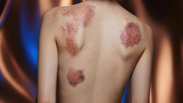 Close-up of severe bruising on a person's back. Skin lesions and hematoma marks. Dermatology and disease concept