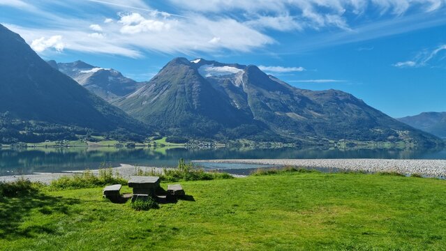 Scenic View of Oppstrynsvatnet Lake and Mountains in Hjelle Stryn Norway Vestland Landscape