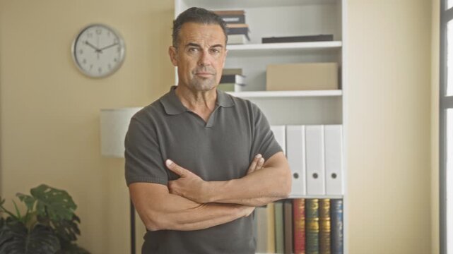 Man standing with arms crossed showing forearms beside bookshelf and wall clock near binders and potted plant in a building; confidence.