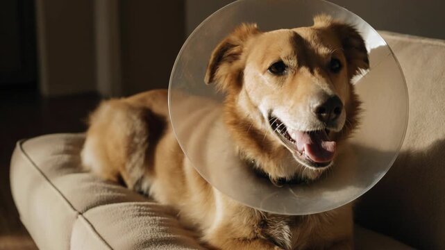 Brown dog wearing a protective plastic cone resting on a sofa. Pet recovering from veterinary surgery at home in the sunlight. Animal healthcare and medicine concept