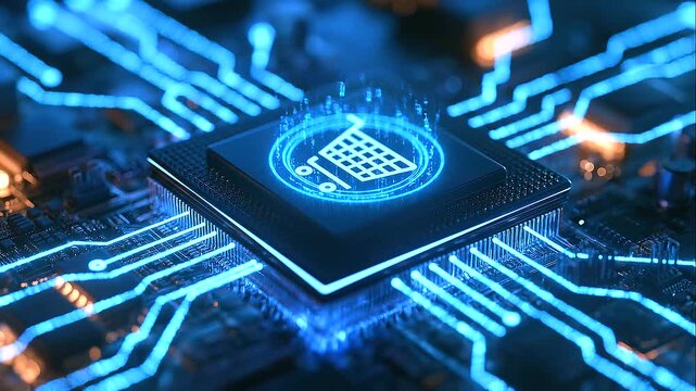 Digital commerce processor with a glowing shopping cart symbol on an illuminated motherboard, futuristic fintech and online retail concept, smart payment gateway, e-commerce technology, secure electro