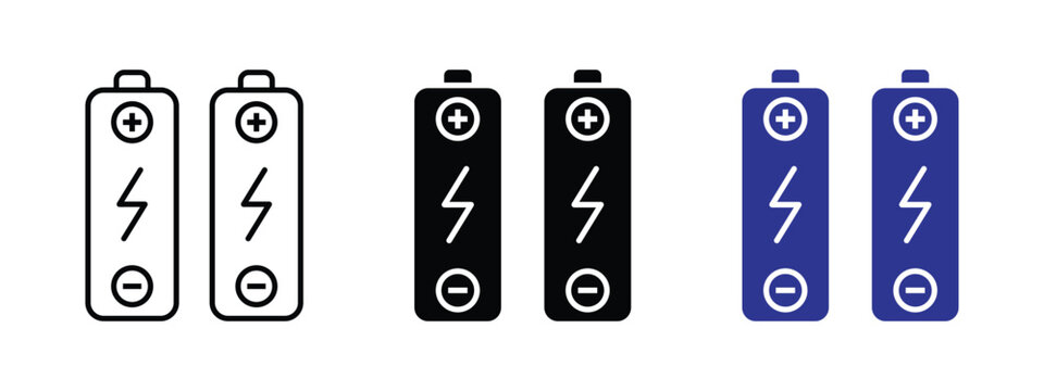 Set of battery icons in outline, solid, and blue styles