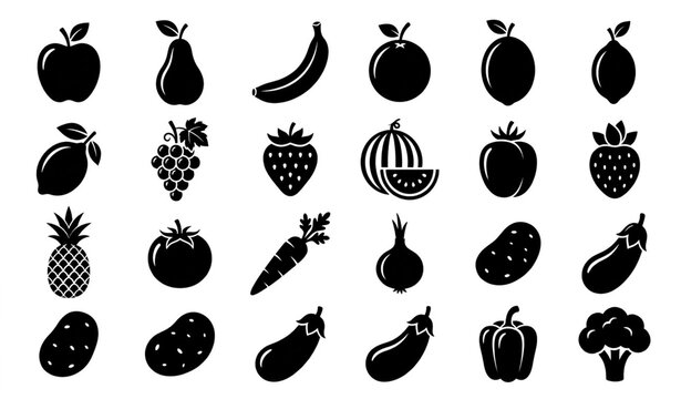 Fruit and vegetable black silhouette vector collection for food and grocery design