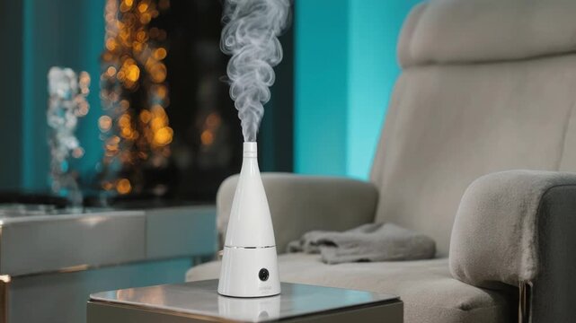 White cone-shaped humidifier emitting steam on a table. Modern living room interior with a working air purifier. Home wellness and respiratory health concept