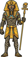 Obraz premium An illustration of a skeletal Egyptian mummy pharaoh holding a golden ankh staff.