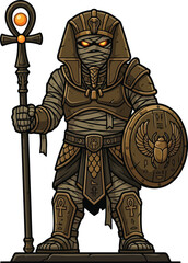 Fototapeta premium Ancient Egyptian mummy warrior standing with an ankh staff and scarab shield.