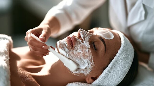 Female professional aesthetic doctor applying a nourishing facial mask to a female patient during a skincare treatment, modern cosmetology clinic, dermatologist procedure, face care, wellness and beau