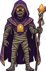 Fototapeta premium A mystical mummy wizard wearing a purple hooded cloak and holding a glowing magical staff.