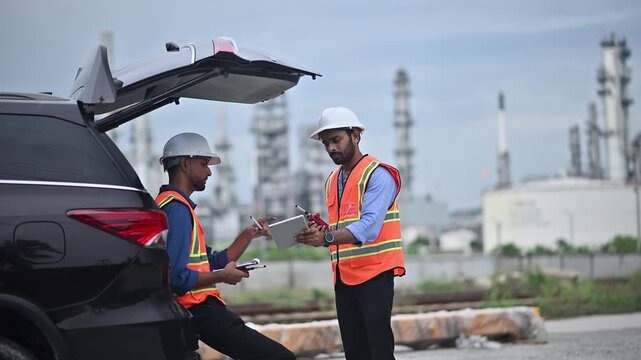 Engineers wearing safety gear, including hard hats examining survey tablet standing industrial facility gas or oil refinery engaged in a job requires high safety standards concept.	